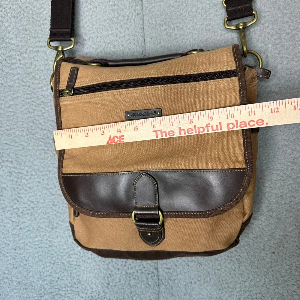 Eddie Bauer Tan Canvas Messenger Bag Brown Crossbody Satchel Brass Hardware